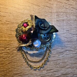 Gold Tone Assemblage Brooch with Chain Drape & Mixed Media Details